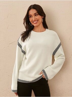 Dokotoo Cream Crewneck Sweater with Black Trim XL
